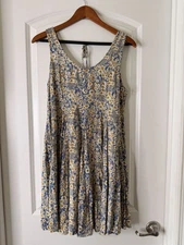 Patrons of Peace Floral Sundress Small Blue Yellow Sleeveless Rayon Mini Dress