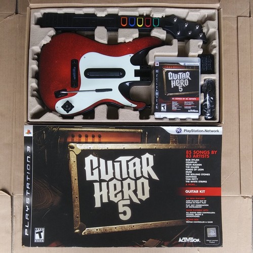 CLEANED Playstation 3 Guitar Hero 5 Red Wireless Guitar Bundle Box Game