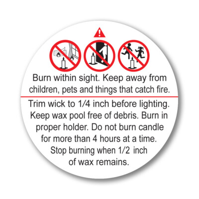 2'' ASTM Compliant Candle Warning Labels Alert Symbol 24 to 100 Wax Melt Sticker