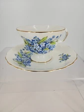 ROYAL DOVER Bone China Blue Floral Tea Cup & Saucer, ROSINA Small Plate, England