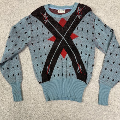 Vintage 40s Puritan Wool Knit Sweater Novelty Print Men Small Decorative