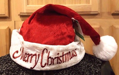 Red ''Merry Christmas'' Soft Velvet Adult Santa Claus Hat w/White Cuff & Pom Pom