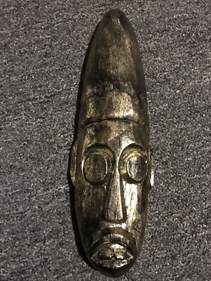 Tribal Mask Hand Carved Gold Wood  Ethnic Wall Decor 13 Inches x 4 Inches