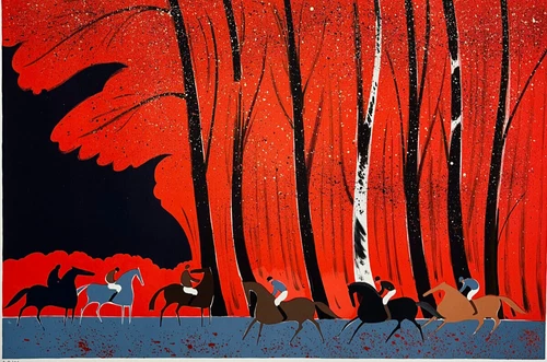 Red Sky LITHOGRAPH Signed SERGE LASSUS Horses Riders 203/250