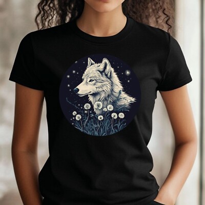 Women's Wolf Dandelion Print Cotton T-Shirt Size S to 3XL