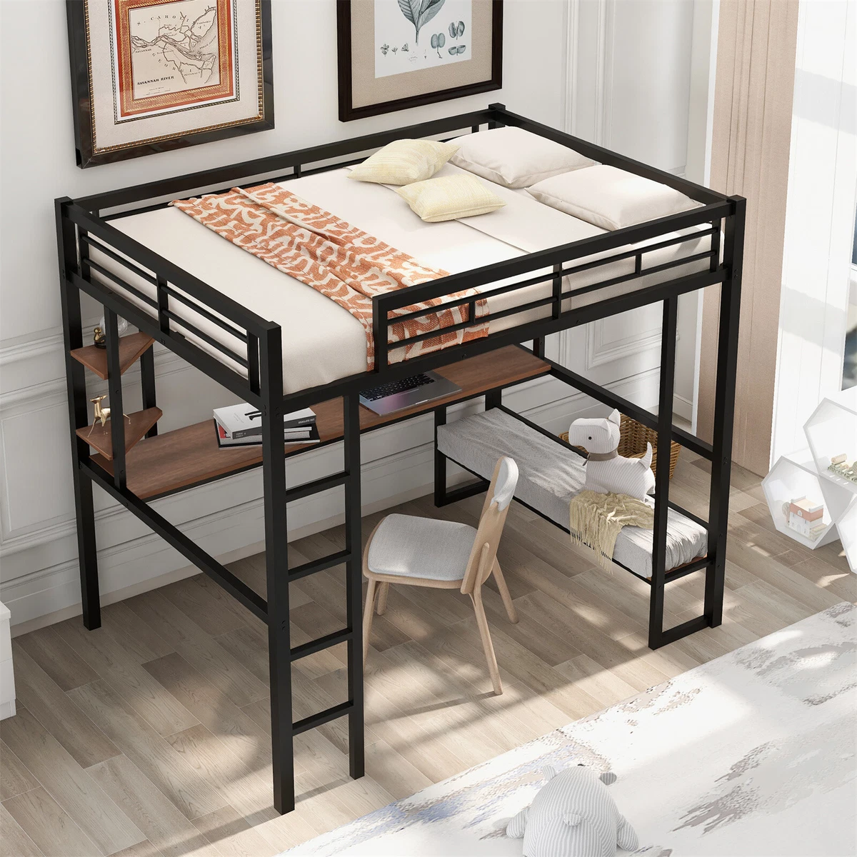 Black full size loft bed with desk online