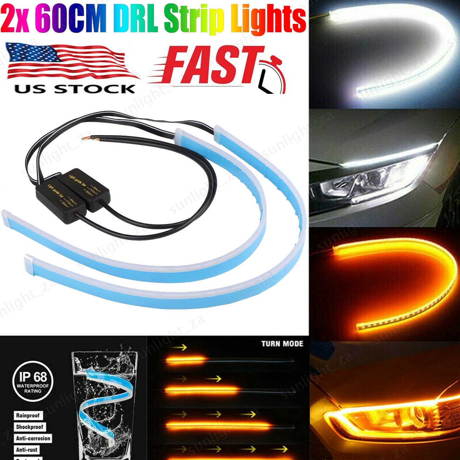 2x 60CM LED DRL Turn Signal Light Strip Amber Sequential Switchback