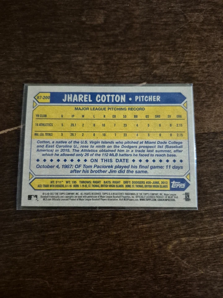 2017 Jharel Cotton Oakland Athletics 30th Anniversary Throwback - Image 2 of 2