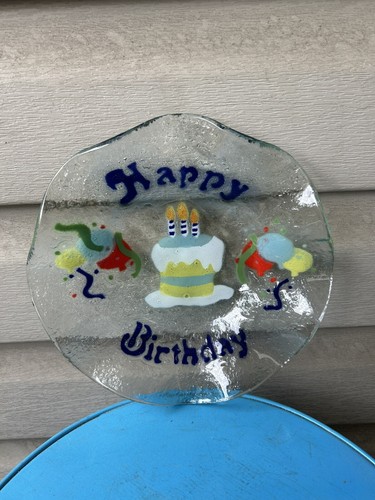 Happy Birthday Party Celebration Handmade Fused Glass Crimped Art Glass Bowl 8"