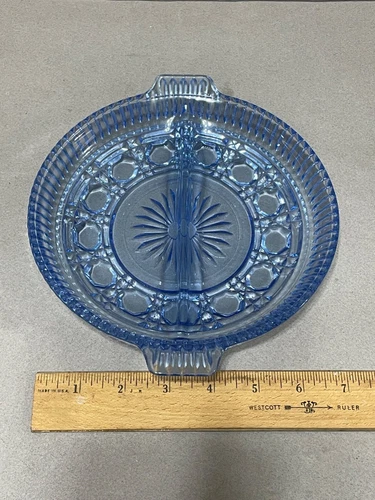 VTG FEDERAL WINDSOR SAPPHIRE DEPRESSION GLASS HANDLED DIVIDED RELISH DISH TRAY
