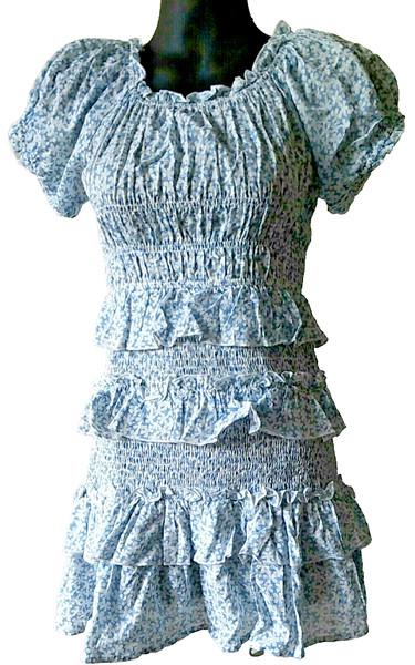 WHYTE VALENTYNE Blue Floral Mini Dress 10 Tiered Ruffle Puff Sleeve Summer Smock