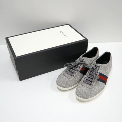 Gucci Ace Sneaker Shoes Silver Glitter Web Line Tiger Head Studded Size 9 Boxed