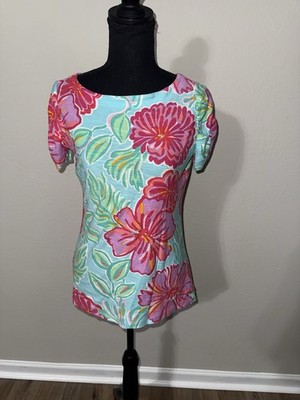 Lilly Pulitzer Bellina Lana Top Sz MD Colorful Floral Hibiscus Shorely Blue Pink