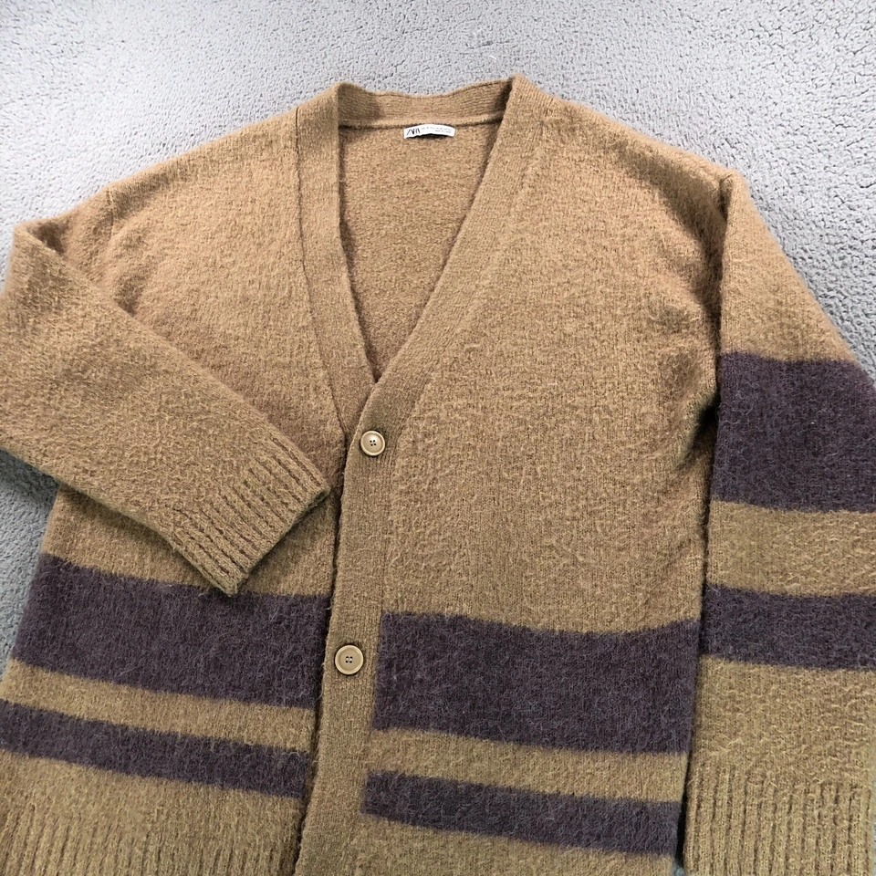 Suéter Zara Para Hombres L-XL Marrón Cárdigan Rayas Difuso Peludo Cuello en V Abuelo Foto 4 de 4