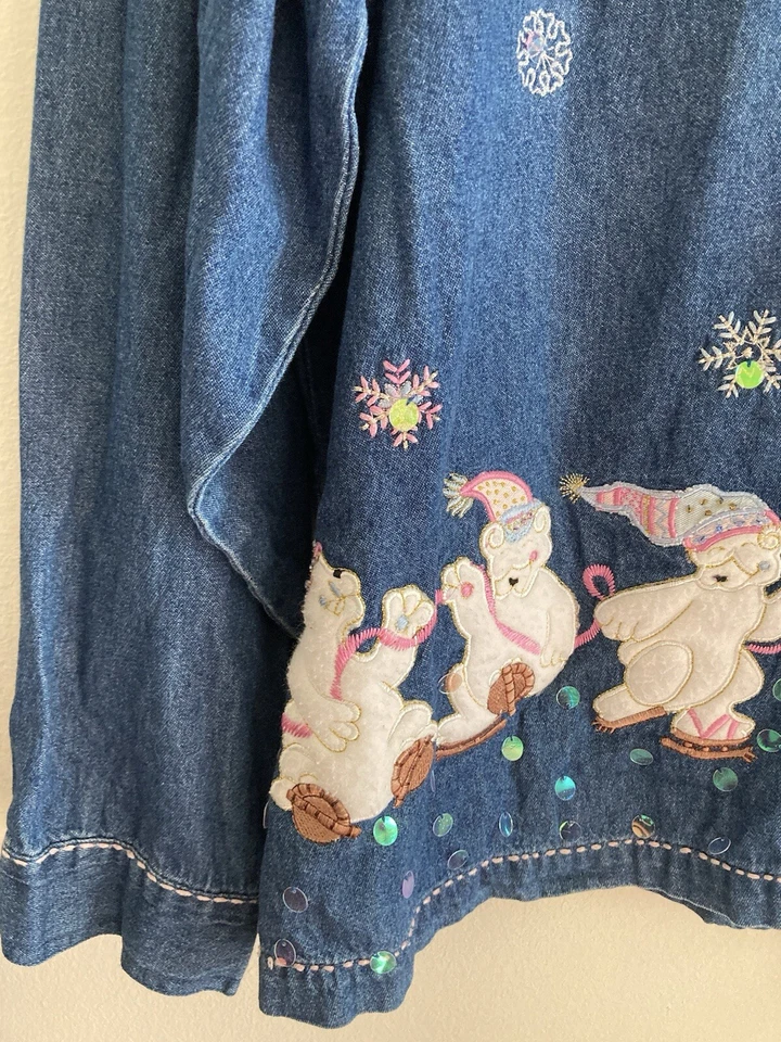 复古 Dressbarn 牛仔衬衫 1X 北极熊 Iceskate 冬季雪花假日 — 第 4/4 张图片