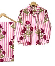 Hand Block Print Pajamas, Floral Print Pure Cotton PJ Set ,Indian Night WearPink