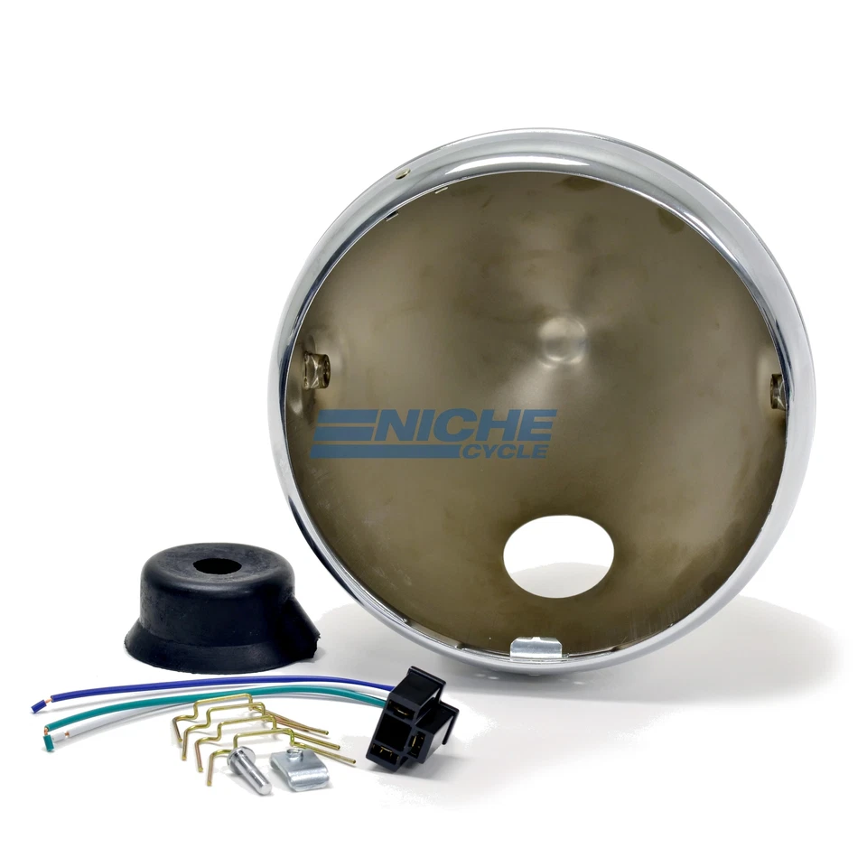 Classic 7" British-Style Chrome Headlight Shell Assembly Side Mount - Image 2 of 4