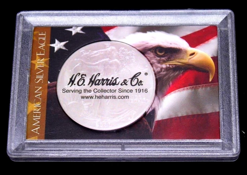 American Silver Eagle Frosty Case with Eagle and American Flag by HE Harris, 2x3