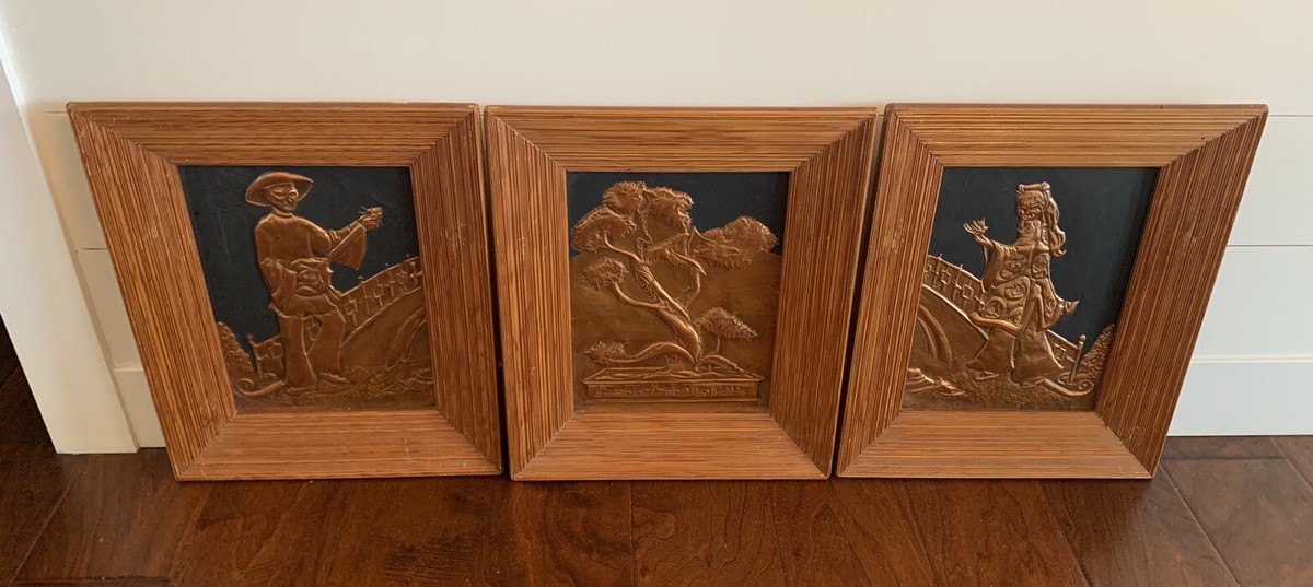 Vintage MCM Framed Hammered Copper Art Asian Wall Hanging Lot Of 3