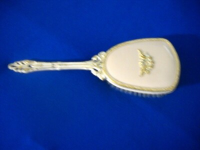 VINTAGE VANITY HAIR BRUSH -ANTIQUE WHITE AND GOLD TONE WITH NYLON BRISTLES
