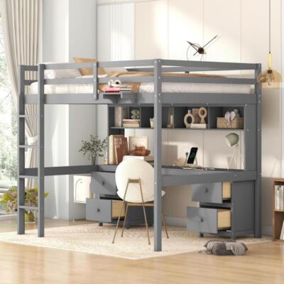 Full Size Loft Bed with Desk Cabinets Drawers and Bedside Tray Charging Station