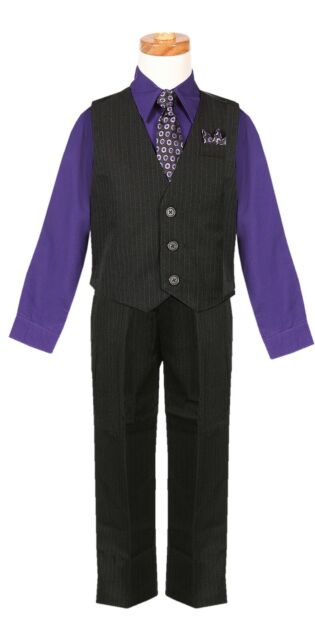 Purple eggplant boys pinstripe vest 4 piece set formal suit easter all size