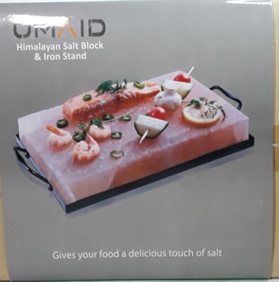 UMAID Himalayan Salt Block And Iron Stand 12'' x 8'' Natural Cooking/Serving Block