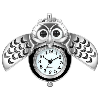 Silver Tone Night Owl Quartz Pocket Watch Necklace Pendant Cute Sweater Chain