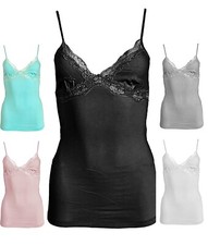 Solid Lace Trim Adjustable Spaghetti Cami Top S  L