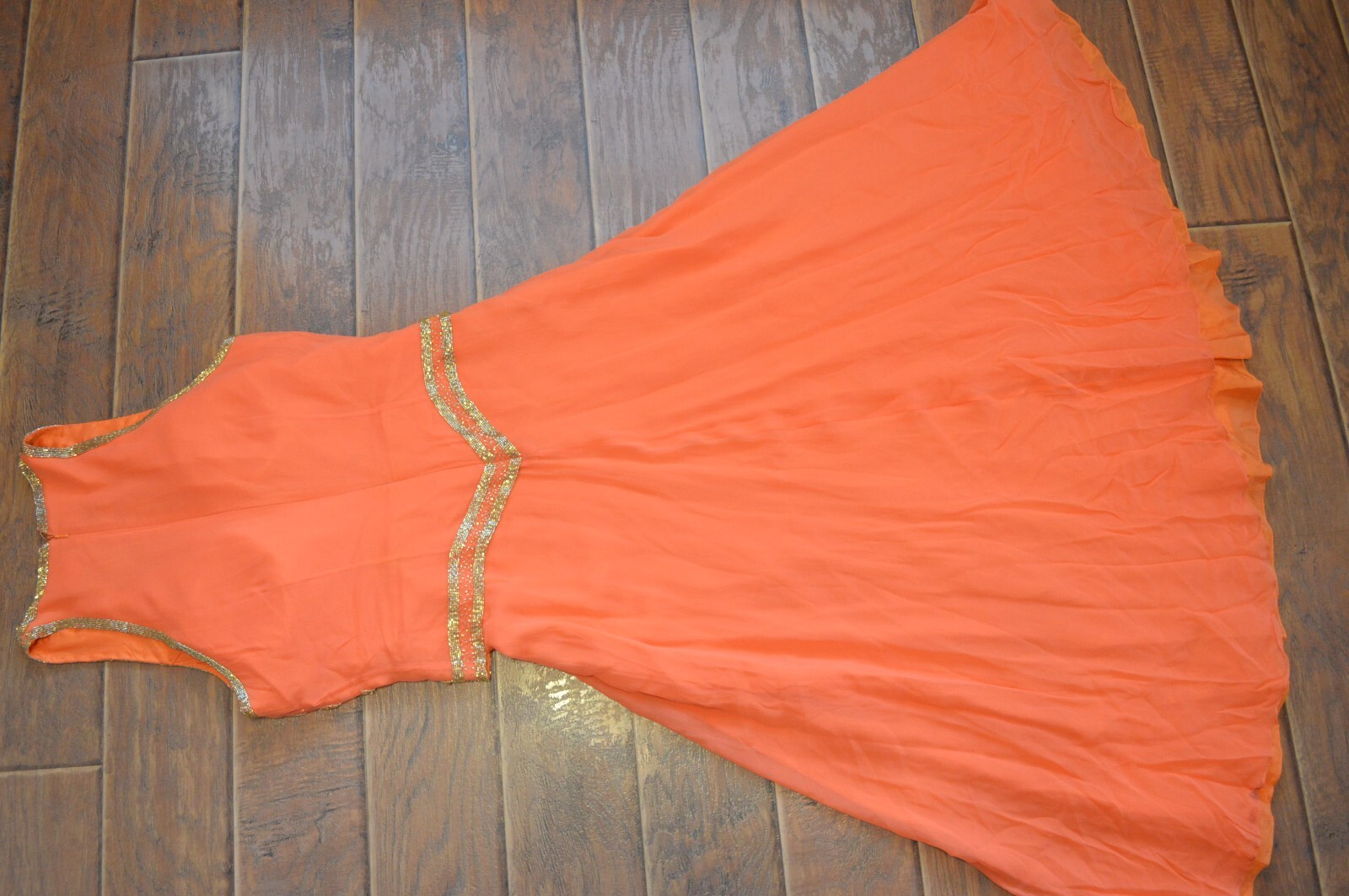 vtg Cassandra Stone II Orange Beaded Dress,Gown,Party,Silk,Gold Beads/Sequins,14