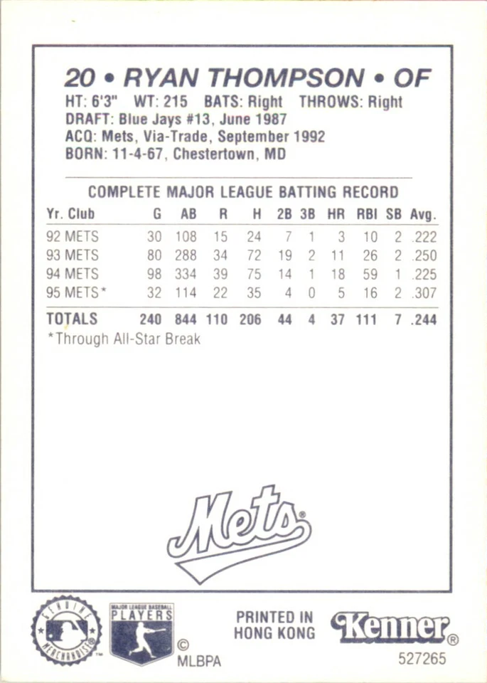 1996 Kenner Starting Lineup Card Ryan Thompson New York Mets - Image 2 of 2
