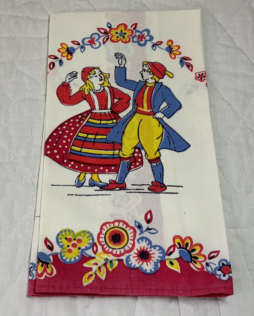 Vintage Kitchen Towel, Cotton, Printed Design, European Couple Dancing, Flowers