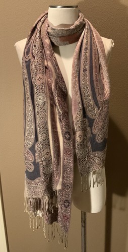 84” x 22” Paisley Print Woven Scarf Wrap W Fringe Black Tan Rust