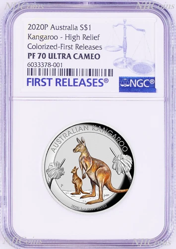 2020 Australia FIRST Colored HIGH RELIEF 1oz Silver Kangaroo $1 Coin NGC PF70