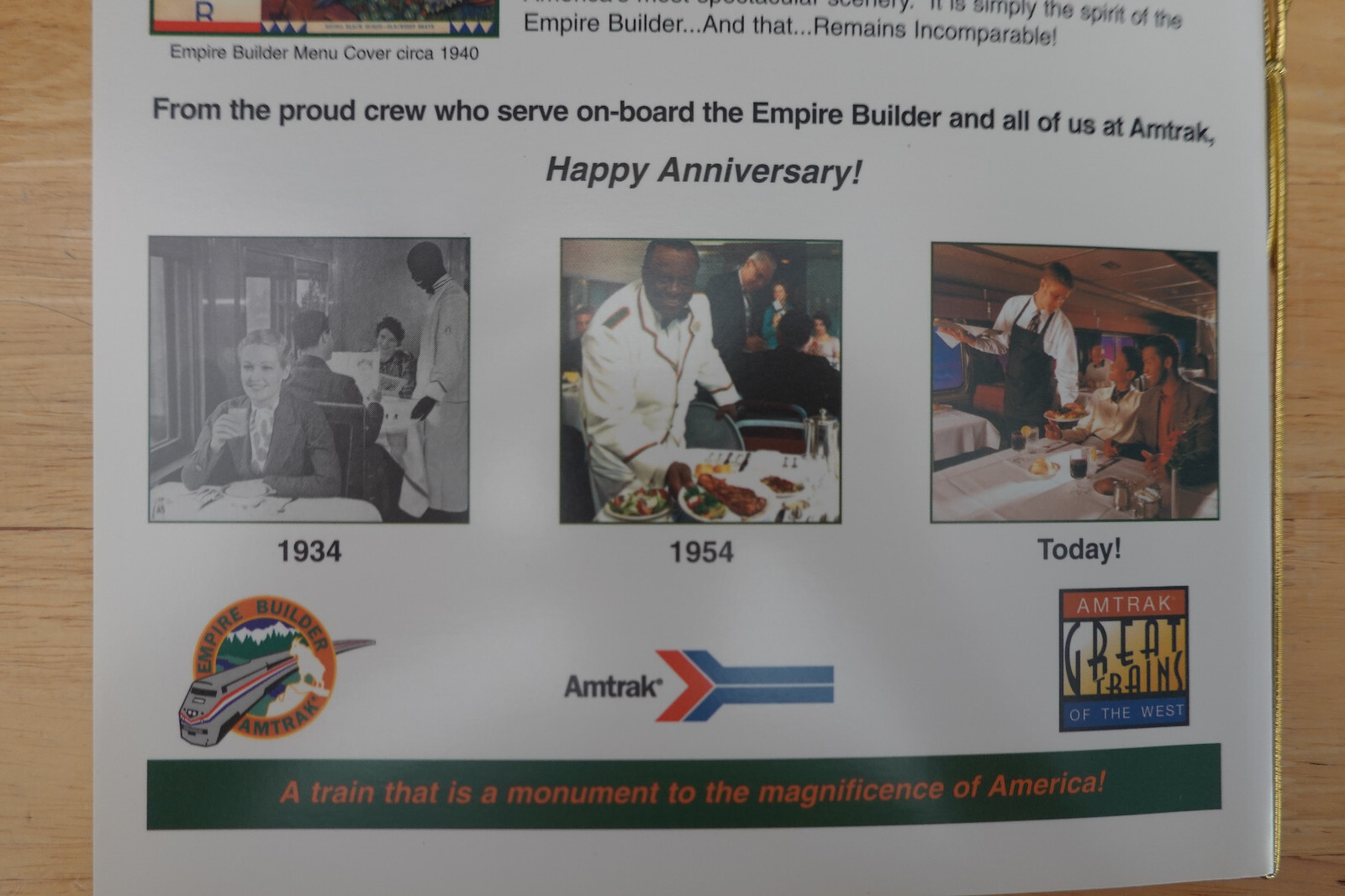 Amtrak Vintage EMPIRE BUILDER 70TH ANNIVERSARY COMMEMORATIVE dining car menu