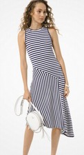   NWT Michael Kors Navy White Striped Matte-Jersey Asymmetric Dress Small $140