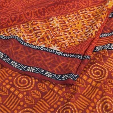 Sanskriti Vintage Saree Orange Pure Crepe Silk Floral Printed Sari 5.5 Yd Fabric