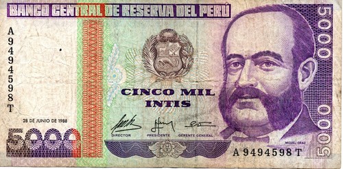 Perú 1988, 5,000 Intis, Serie A 9494598 T; P#137, Miguel Grau, accept offers