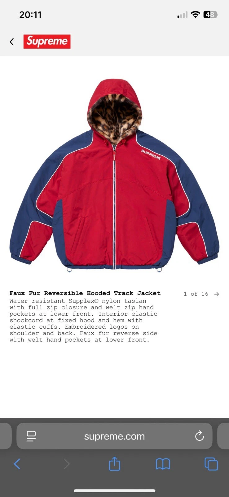 Giacca da pista Supreme in pelliccia sintetica reversibile con cappuccio rossa in grande