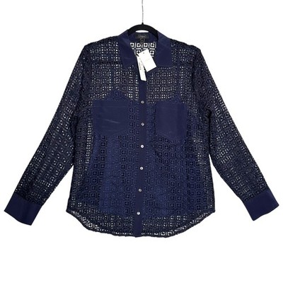 J. Crew Blue Geometric Lace Button Shirt Silk Pockets Long Sleeve Womens 10 NWT