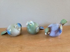3 Chubby Round Pottery Birds Farmhouse Sparrow Finch Blue Green Figurine Decor 