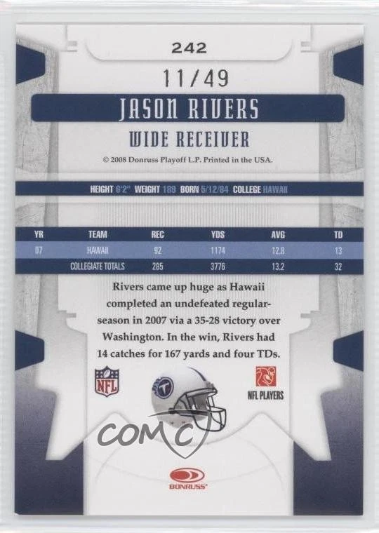 2008 Leaf Limited Phenoms Spotlight Gold /49 Jason Rivers #242 Rookie RC - Image 2 of 2