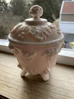 Vintage Jeannette Shell Pink Milk Glass Footed Candy Dish with Lid - Great Cond