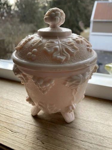 Vintage Jeannette Shell Pink Milk Glass Footed Candy Dish with Lid - Great Cond