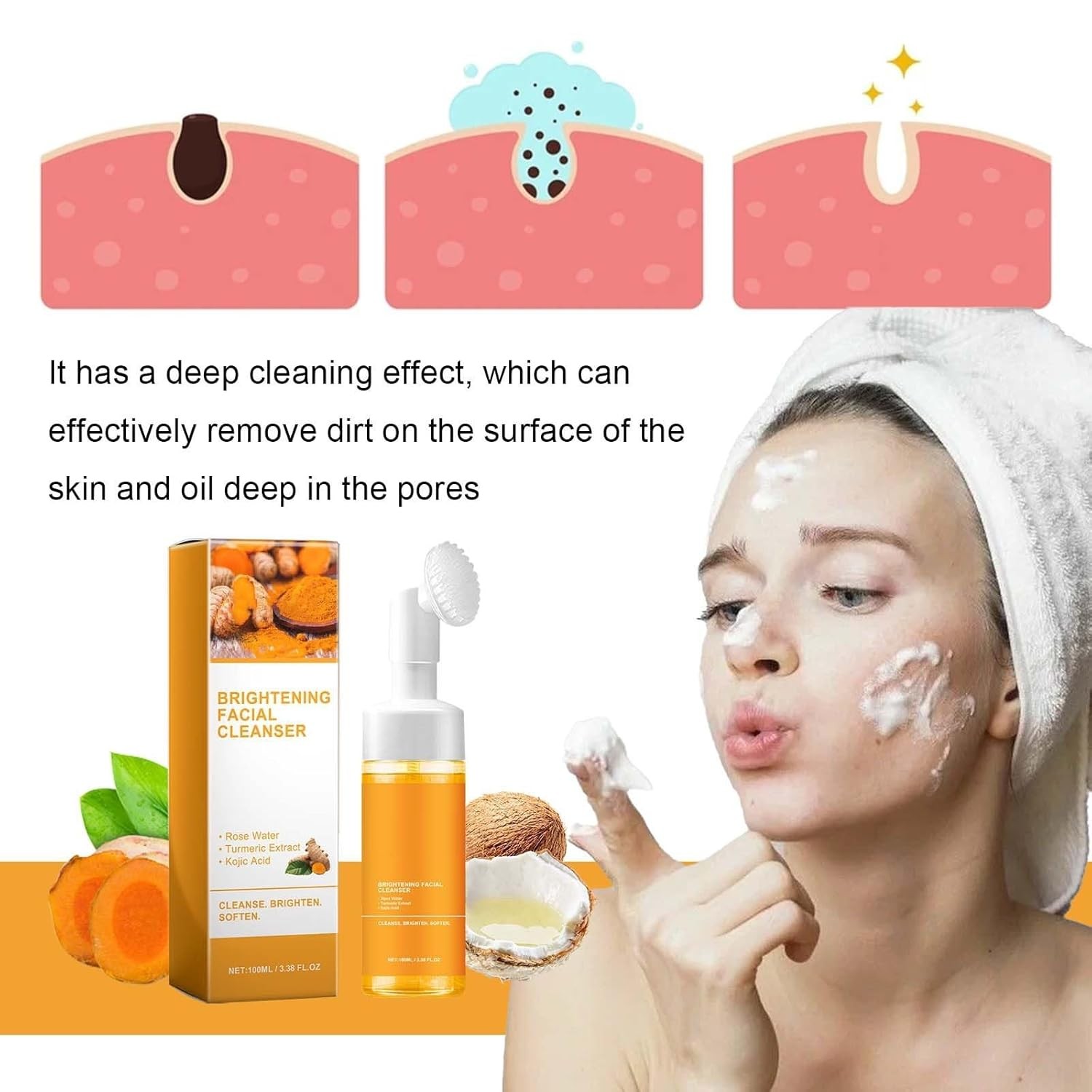 2 Pcs Turmeric Foaming Face Wash Deep Cleansing Facial Cleanser with Brush