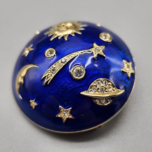 Vtg Blue Celestial Brooch Sun Moon Shooting Star Saturn Gold Tone Rhinestone Pin - Picture 3 of 7