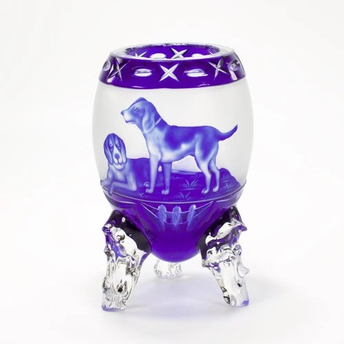 Antique Bohemian Cobalt Blue Crystal Cut to Clear Footed Hunting Dogs *Flaws