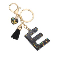 Initial Letter Keychain Cute Letter-E Bling Love Tassel Floral Charm Black