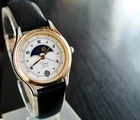 VINTAGE TIMEX DATE ELEGANT MOON PHASE QUARTZ WOMEN'S GOLDEN BLACK LEATHER WATCH