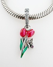 Tulip Dangle Charm Pink Flower Floral Pendant Genuine 925 Sterling Silver 💖